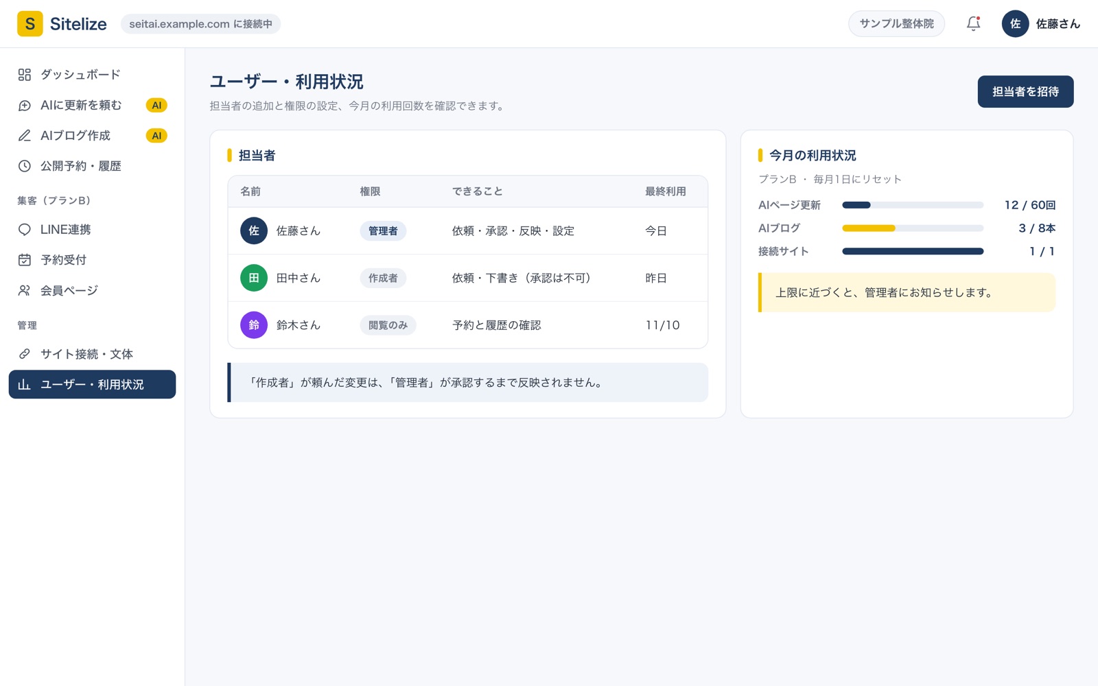 ユーザーと利用状況の画面：担当者と権限の一覧、今月の利用回数
